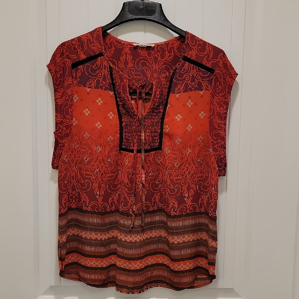 Ruff Hewn Red Orange Blouse Cap Sleeves Size Large